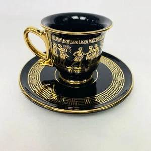Black Greek Demitasse Cups & Saucers by AOE Hand made Greece 24k Gold Set of 2 - Picture 1 of 22