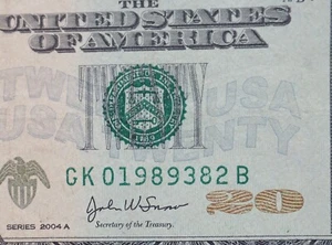 Birthday/ Anniversary Note $20 Dollar bill - 1989 MARCH 8,  AUGUST 2, 01989382 - Picture 1 of 4