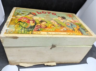 Jeu Jouet ancien coffret en bois jeu de loto 23 cartons + jetons - Photo 1/4