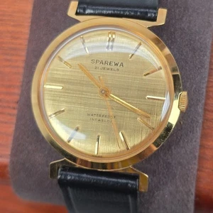 Vintage Sparewa 21 Jewels Gold-Tone Mens Watch Swiss Linen Dial Leather Strap - Picture 1 of 9