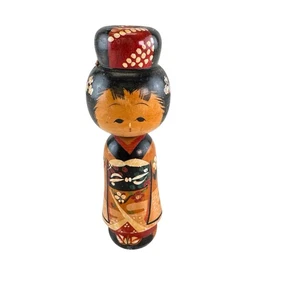Vintage Kokeshi Nodder Doll Japan Hand Painted Wood Woman Traditional Kimono 6" - Picture 1 of 8