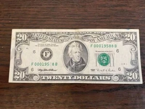 $20 Dollar Bill Series 1995 Small Face Federal Reserve Note #00019588B - Picture 1 of 4
