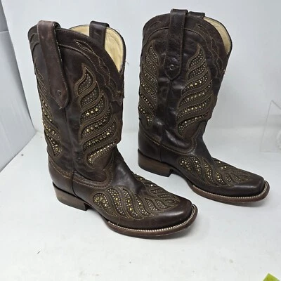 Corral Womens Size 9.5 Brown Crystal Gold Inlay Square Toe Cowgirl Boots - Image 1 of 4