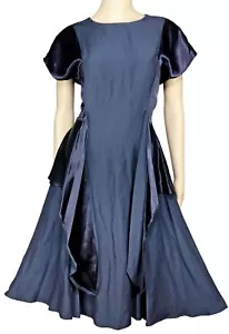 Vintage Wild Rose Dress 1980s Does 1950s Layered Dark Blue Satin/Matte Rayon 6 - Picture 1 of 7