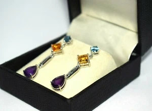 Natural Amethyst, Blue Topaz, Citrine Earring With 925 Sterling Silver Earring  - Picture 1 of 4