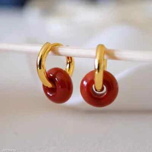 Natural Carnelian Dangling Drop Chunky Earrings Dainty Huggie Hoop Earrings Gift - Picture 1 of 5