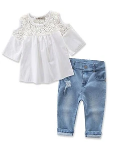 Girls Lace Design Off Shoulder 3/4 Sleeves and Jeans 2 pcs Outfit Clothing Set - Picture 1 of 1