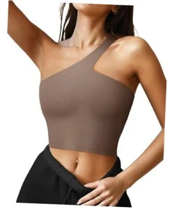 Womens Sexy One Shoulder Sports Bra Sleeveless Workout Yoga Bra Medium Coffee - Picture 1 of 6