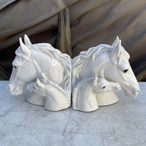 Vintage Napcoware White Mare and Foal Porcelain Ceramic Bust Bookends Japan - Picture 1 of 16