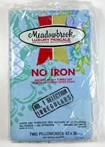 Meadowbrook Luxury Percale Pillowcases (2) Vtg Blue Floral No Iron New Old Stock - Picture 1 of 6