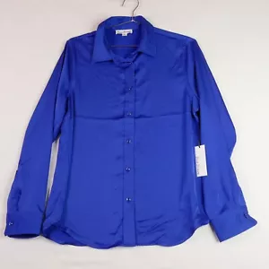 Young Contemporary Blue Blossom Womens Med Satin Blouse Long Sleeve New - Picture 1 of 10