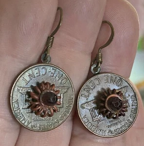 Artisan Assemblage Drop Dangle Ornamented Copper Penny Boho Hippie Fun Earrings - Picture 1 of 3