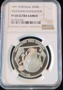 1991 PORTUGAL SILVER 200 ESCUDOS WESTWARD NAVIGATION NGC PF 68 ULTRA CAMEO - Picture 1 of 5