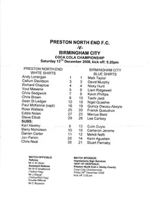 Teamsheet - Preston North End v Birmingham City 2008/9 (13 Dec) - Picture 1 of 1