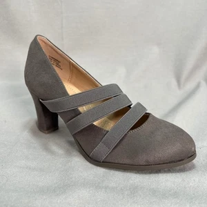 Journee Collection Loren Gray Block Heel Pumps Elastic Straps Faux Suede  6 WIDE - Picture 1 of 12