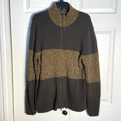 Cárdigan vintage Y2K Express para hombre grande marrón a rayas anchas cremallera completa tejido algodón Foto 1 de 4
