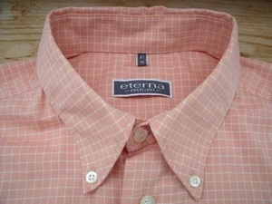 Eterna Excellent Short Sleeve Shirt 41 Salmon White Checked Very Good #TA3368 - Picture 1 of 1
