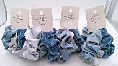 4 x 3 pks Hive & Co Scrunchie Scrunchies Shades of Blue Satin w/ pearl  - velour - Image 1 of 2