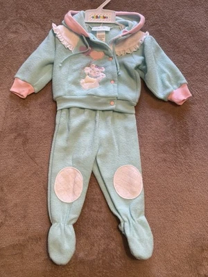 Vintage Childwise Baby Girl Jacket and Footed Pants Outfit, Aqua/Pink Size 3-6M - Image 1 of 4