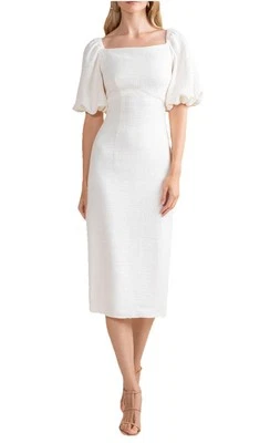 Vestido midi Shoshanna Dione manga abullonada en marfil óptico talla 8 nuevo con etiqueta Foto 1 de 4