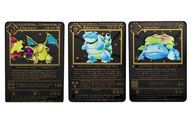 Pokémon cards Charizard, Blastoise, and Venusaur - Black Metal Cards - Image 1 of 4