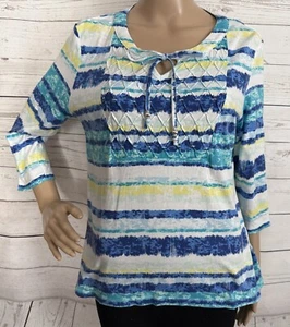 Rebecca Malone Shirt Small Blue White Yellow Watercolor Striped Textured Front - Picture 1 of 12