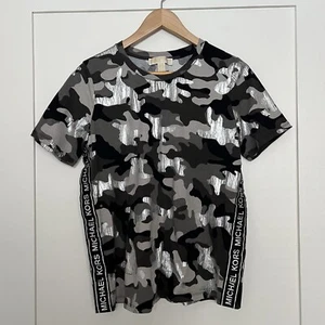 Michael Kors Top T Shirt Medium Black Gray Metallic Camouflage Foil Short Sleeve - Picture 1 of 10