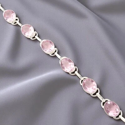 Morganite Gemstone 925 纯银珠宝手工制作手链 8 英寸女式 — 第 1/4 张图片