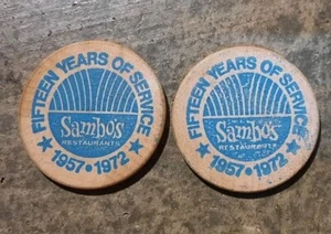 Lot of 2 Vtg 1972 SAMBO'S RESTAURANTS WOODEN NICKEL GOOD FOR A 10c CUP OF COFFEE - Picture 1 of 3
