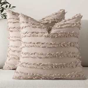 Set of 2 Boho Throw Pillow Covers Linen Striped Jacquard Pattern Cushion Covers - Picture 1 of 12