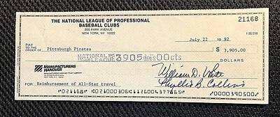 MLB FIRMADO RARO ORIG. ¡Cheque de reembolso de gastos de All-Star Game 1992 a piratas! Foto 1 de 4