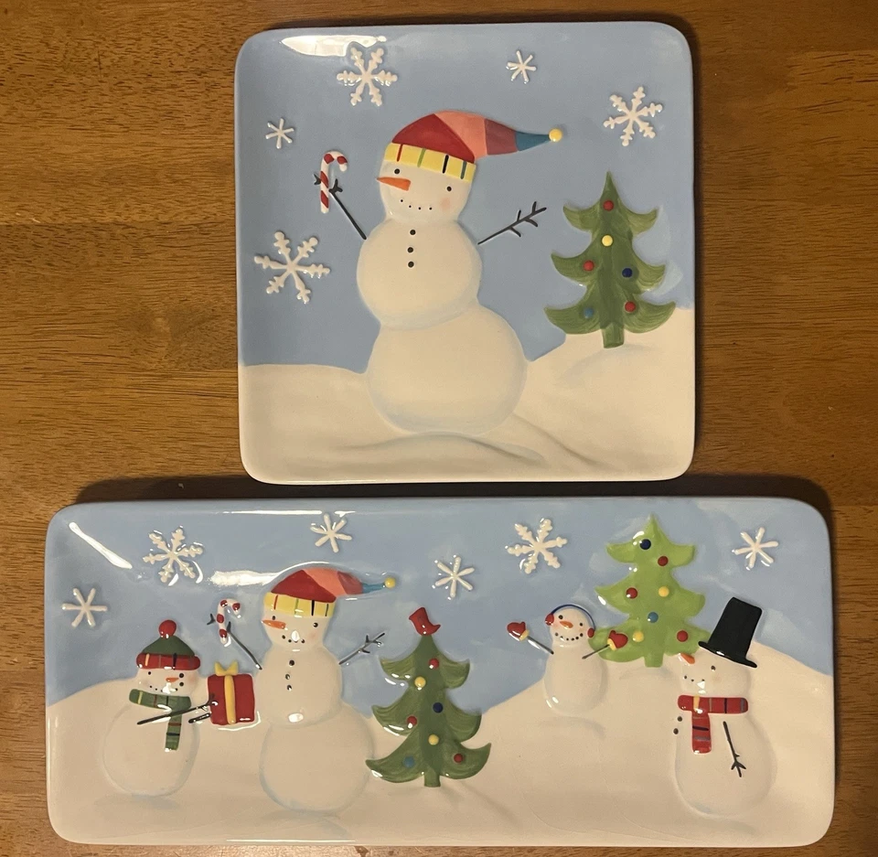 Platos de Navidad cuadrados y rectangulares de San Nicolás "¡Oh, qué divertido!" Muñecos de nieve Foto 1 de 4
