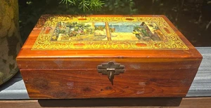 Cigar Box Wooden Hinged with Printed Scene on Lid 10-3/4" wide Vintage - Picture 1 of 7