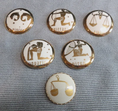 6 Vintage Ceramic Picture Buttons SIGNS OF THE ZODIAC - Image 1 of 4