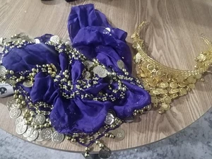 Bufanda de cadera de danza del vientre dorado púrpura y corona para la cabeza disfraz de baile - Imagen 1 de 3