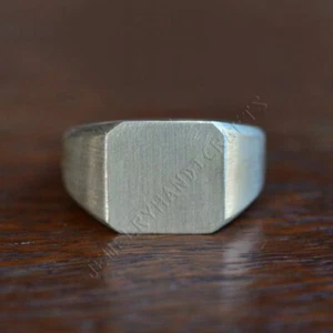Brushed 925 Sterling Silver Ring, Square Signet Ring, Unisex Wear Blank Ring - Picture 1 of 6