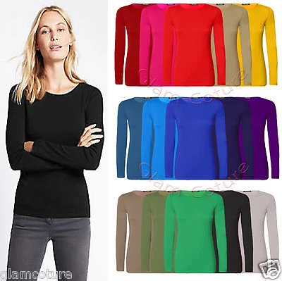 Womens Plain Tshirt Ladies Long Sleeve Scoop Neck T Shirt Top Plus Sizes 8-26 - Image 1 of 2