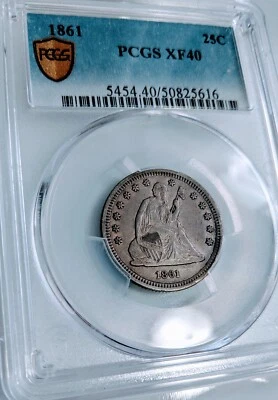 1861 Seated Liberty .25C PCGS XF40 /Gold shield guarantee. Has a proof like look - Image 1 of 4