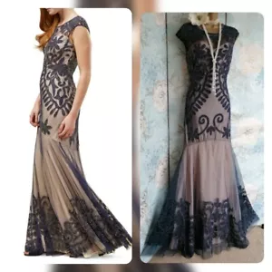PHASE EIGHT Navy Blue Nude lace Beaded 20s Deco wedding Bride Evening Dress 8 - Picture 1 of 16