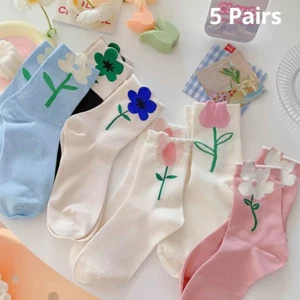 5 Pairs Retro Floral Middle Tube Socks Kawaii Casual Breathable Women's Wear HOT - Picture 1 of 7