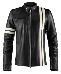 Herren Schwarz Cafe Racer Weiß Streifen Motorrad Biker Echtleder Jacke - Bild 1 von 3