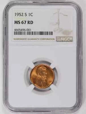 1952 S Small Cents Lincoln, Wheat Ears Reverse NGC MS-67 RD - Image 1 of 2