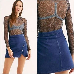 We The Free Blue Denim Snap Wrap Mini Skirt Size 10 - Picture 1 of 10