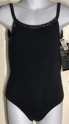 GK BLACK CAMISOLE CHILD X-SMALL DANCE LEOTARD SILVER  FOIL PRINT X-STRAPS CXS - Image 1 of 4
