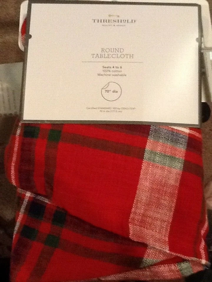 Threshold Round 70" Red Plaid Tablecloth Seats 4 to 6