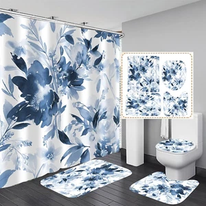 Juego de cortina de ducha con hojas azules, juegos de baño con flores - Picture 1 of 12