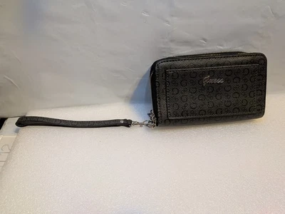 Guess Negro Monograma Muñequera Cartera Cremallera Alrededor Organizador Cartera Rojo Interior Foto 1 de 4