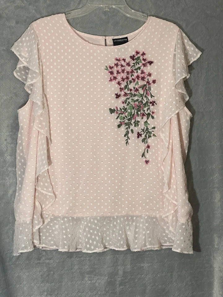 Liz Claiborne Career Blouse Top Womens XL Pink Embroidered Polka Dot Ruffled - Image 1 of 4