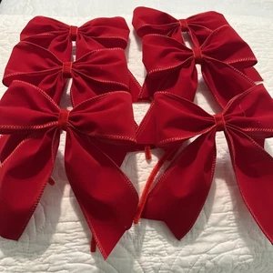 Red Velvet 5.5"x6" Christmas Tree Garland Wreath Gift Bows 6 pcs. Handmade New - Picture 1 of 4