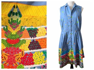 ModCloth Womens Size 1X Blue Farmers Market Fruit Veggies Fit Flare Dress Flaw - Picture 1 of 12